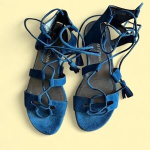 Blue suede Stuart Weitzman‎ flat lace up sandals with tassels- size 7.5-8